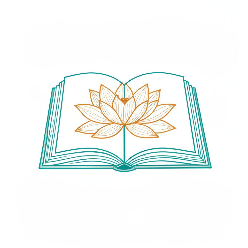 A minimal line illustration of an open book with a lotus motif, drawn in warm amber and teal strokes on cream paper, suggesting study and wisdom.