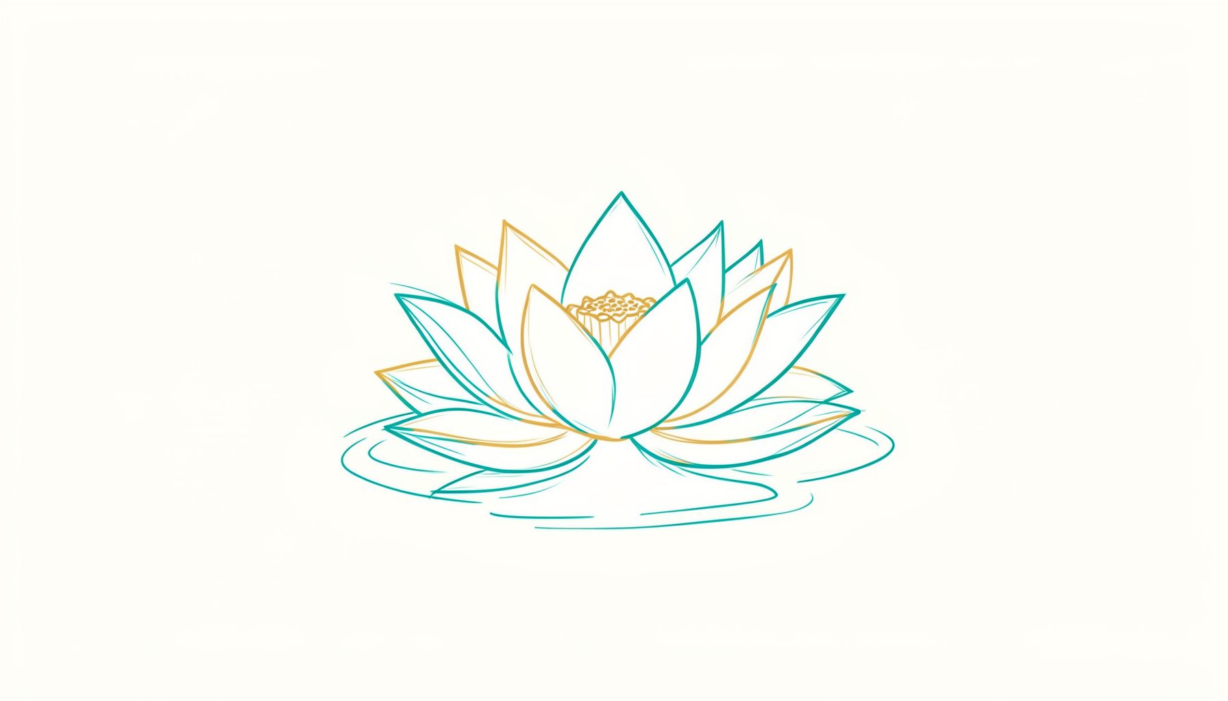 A serene, minimalist line drawing of a lotus flower floating on calm water, rendered in soft teal and warm gold tones against a pale cream background, conveying peace and contemplation.