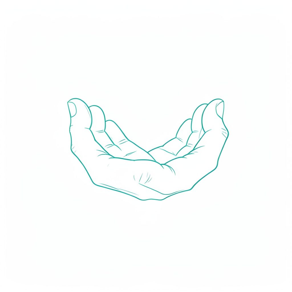 A delicate line drawing of hands gently cupped together in a gesture of offering, rendered in soft teal lines on a light background, symbolizing compassion and community.