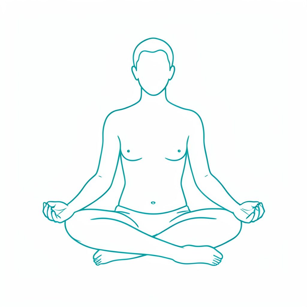 A simple line drawing of a seated figure in meditation posture, outlined in teal ink on a white background, evoking stillness and inner calm.